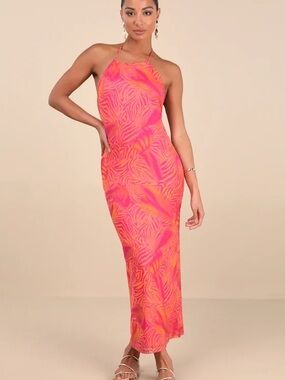 Lulu's Neon Pink and Orange Halter Maxi Dress
